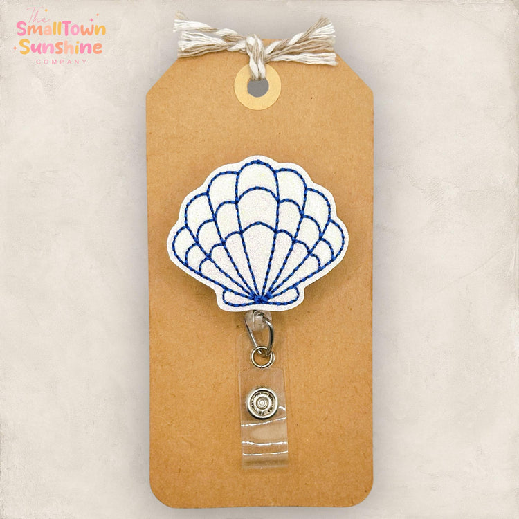 Blue & White Seashell Retractable Badge Reel: Summer ID Holder, Name Tag, Topper, Coworker Gift, Lanyard, MRI Safe, Heavy Duty | GLITTER