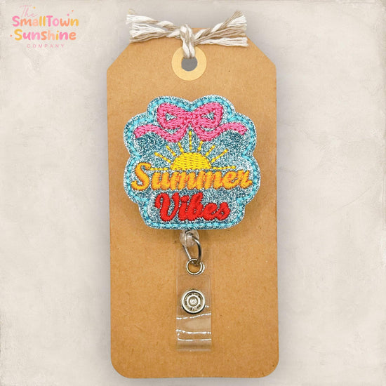Summer Vibes Retractable Badge Reel: ID Holder, Name Tag, Swappable Topper, Coworker Gift, Lanyard, MRI Safe, Heavy Duty Options | GLITTER