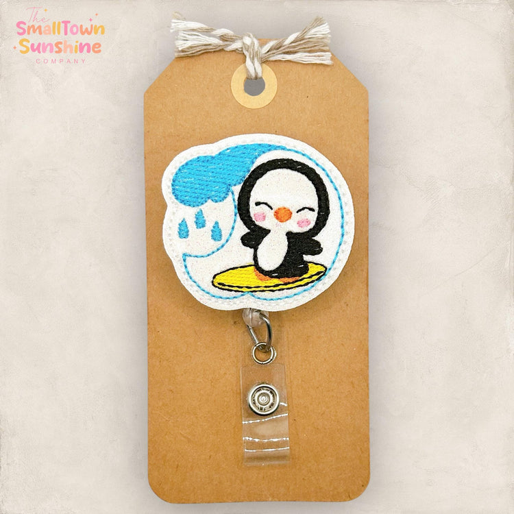 Surfing Penguin Retractable Badge Reel: Summer ID Holder, Name Tag, Swappable Topper, Coworker Gift, Lanyard, MRI Safe, Heavy Duty | GLITTER