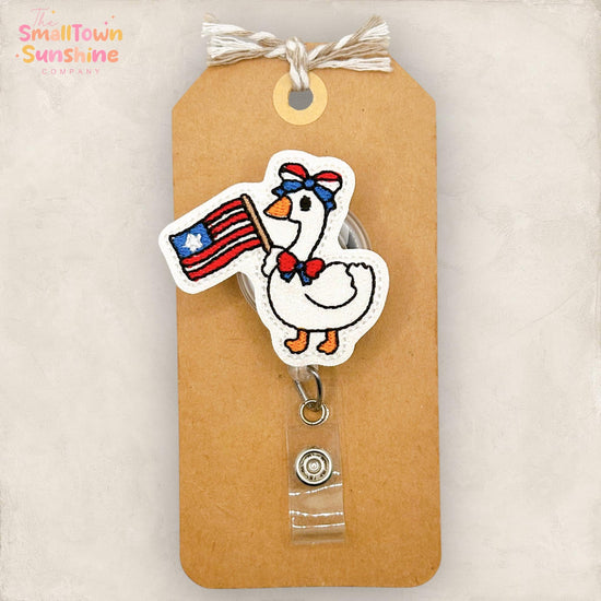 American Flag Goose Retractable Badge Reel: July 4th ID Holder, Name Tag, Topper, Coworker Gift, Lanyard, MRI Safe, Heavy Duty | GLITTER