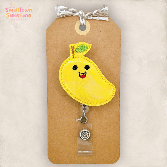 Mango Retractable Badge Reel: Cute Fruit ID Holder, Name Tag, Swappable Topper, Coworker Gift, Lanyard, MRI Safe, Heavy Duty Options