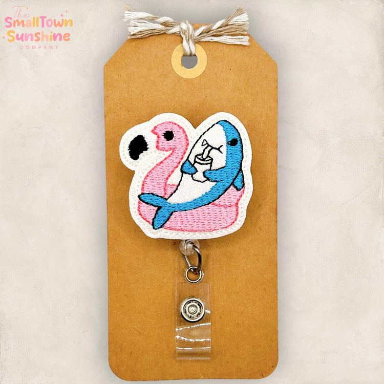 Pool Floatie Shark Retractable Badge Reel: Summer ID Holder, Name Tag, Topper, Coworker Gift, Lanyard, MRI Safe, Heavy Duty | GLITTER