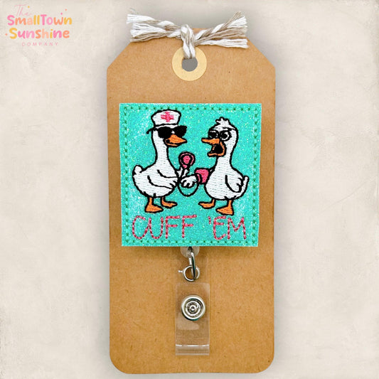 Cuff Em Retractable Badge Reel: Silly Medical Goose ID Holder, Name Tag, Topper, Coworker Gift, Lanyard, MRI Safe, Heavy Duty | GLITTER