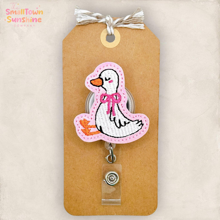 Sweet Bow Goose Retractable Badge Reel: Coquette Bird ID Holder, Name Tag, Topper, Coworker Gift, Lanyard, MRI Safe, Heavy Duty Options