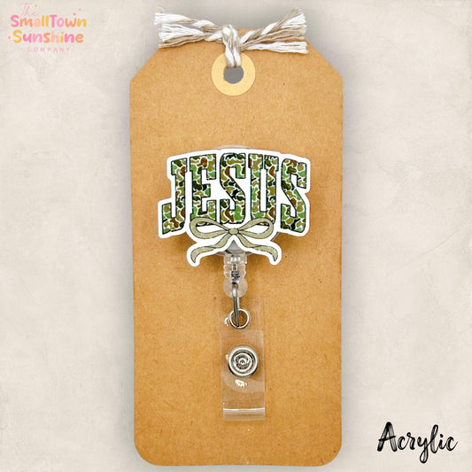 Coquette Camo Jesus Retractable Badge Reel: Faith ID Holder, Name Tag, Topper, Coworker Gift, Lanyard, MRI Safe, Heavy Duty Option | ACRYLIC