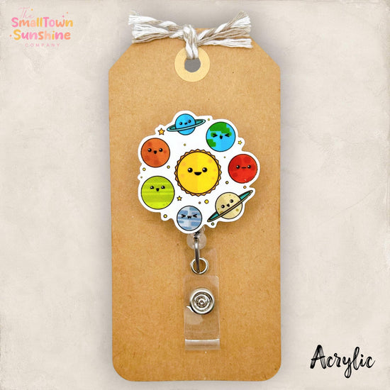 Solar System Retractable Badge Reel: Planets ID Holder, Name Tag, Topper, Coworker Gift, Lanyard, MRI Safe, Heavy Duty Options | ACRYLIC