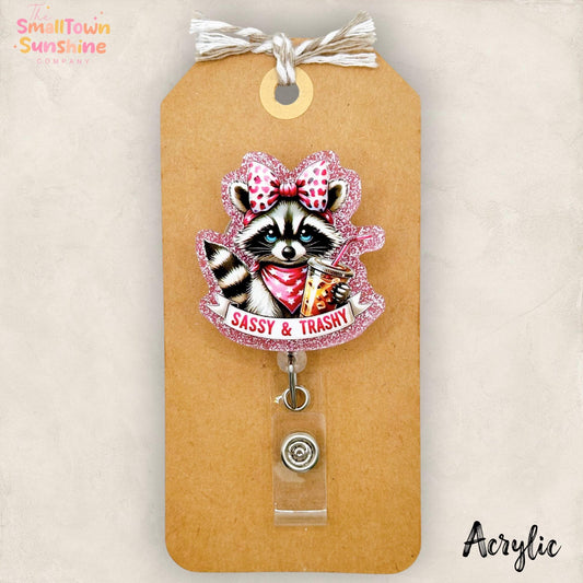 Sassy & Trashy Retractable Badge Reel: Raccoon Id Holder, Name Tag, Topper, Coworker Gift, Lanyard, MRI Safe, Heavy Duty | ACRYLIC GLITTER