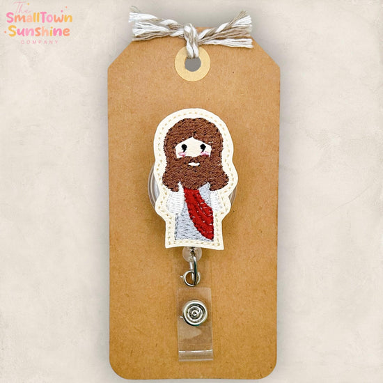 Mini Jesus Retractable Badge Reel: Christian ID Holder, Name Tag, Swappable Topper, Coworker Gift, Lanyard, MRI Safe, Heavy Duty Options