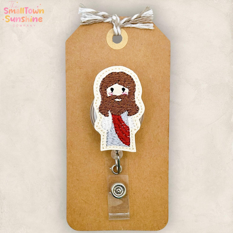 Mini Jesus Retractable Badge Reel: Christian ID Holder, Name Tag, Swappable Topper, Coworker Gift, Lanyard, MRI Safe, Heavy Duty Options