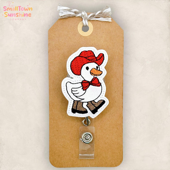 Western Goose with Bow Retractable Badge Reel: Bird ID Holder, Name Tag, Topper, Coworker Gift, Lanyard, MRI Safe, Heavy Duty | GLITTER