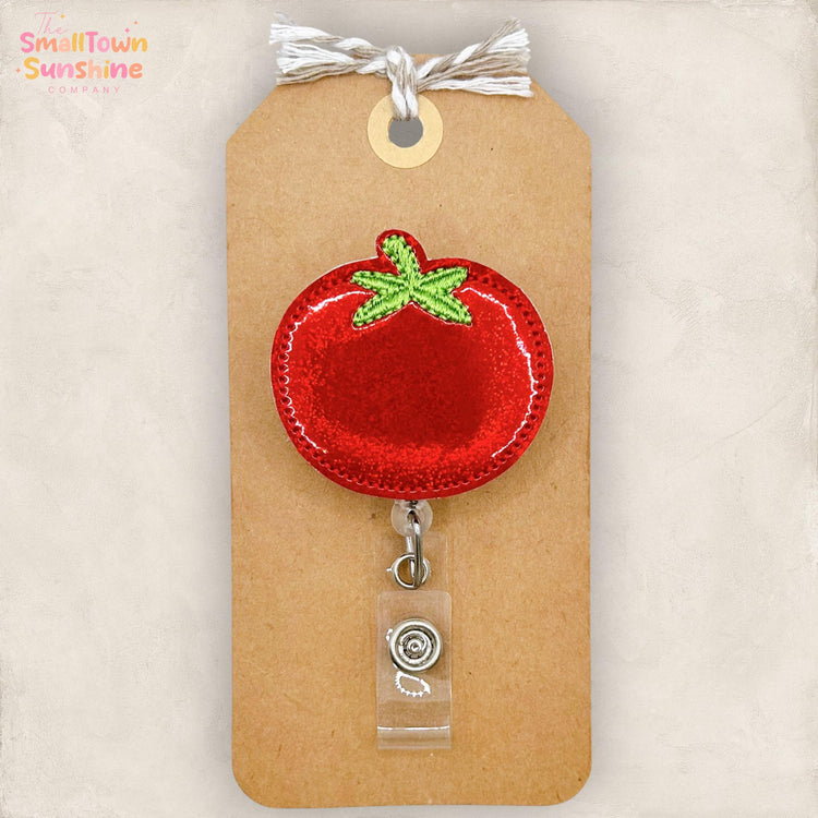 Red Tomato Retractable Badge Reel: Vegetable ID Holder, Name Tag, Swappable Topper, Coworker Gift, Lanyard, MRI Safe, Heavy Duty Options