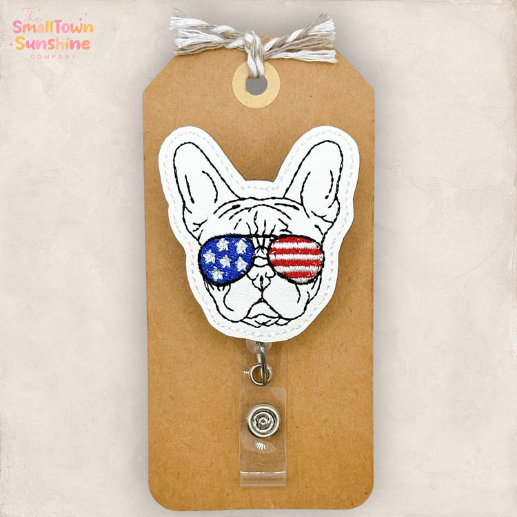Patriotic Bulldog Retractable Badge Reel: July 4th ID Holder, Name Tag, Topper, Coworker Gift, Lanyard, MRI Safe, Heavy Duty Options