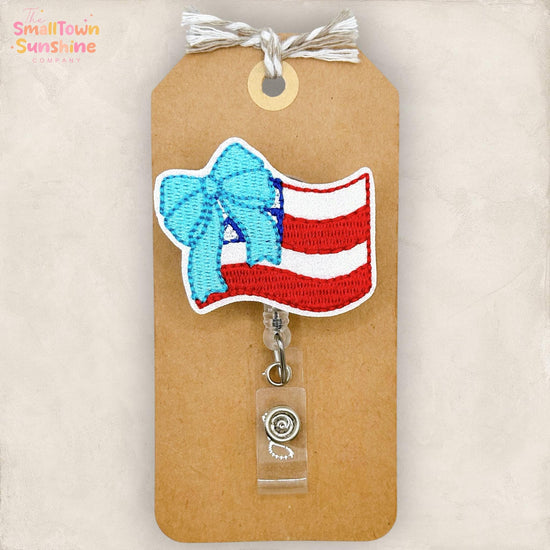 American Flag with Bow Retractable Badge Reel: July 4th ID Holder, Name Tag, Topper, Coworker Gift, Lanyard, MRI Safe, Heavy Duty | GLITTER
