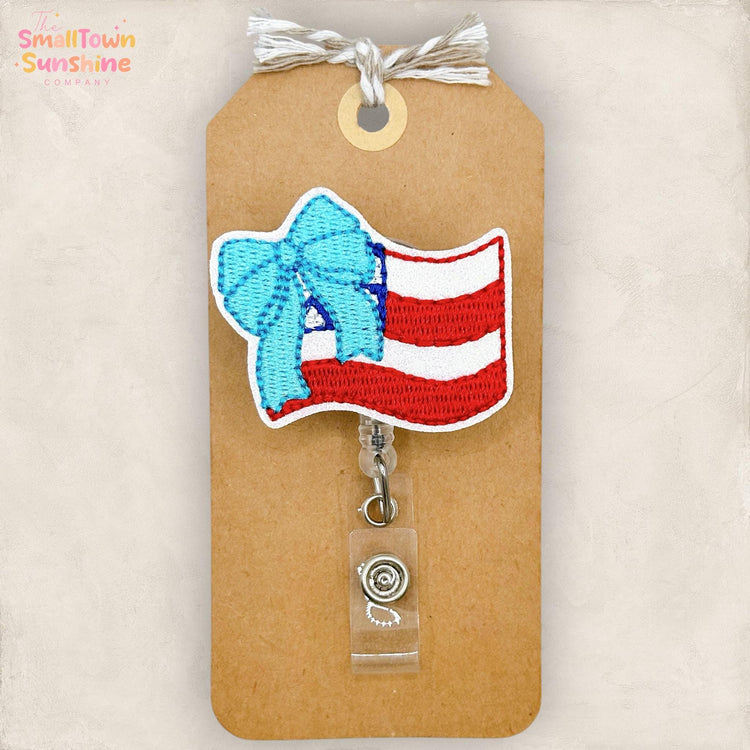 American Flag with Bow Retractable Badge Reel: July 4th ID Holder, Name Tag, Topper, Coworker Gift, Lanyard, MRI Safe, Heavy Duty | GLITTER