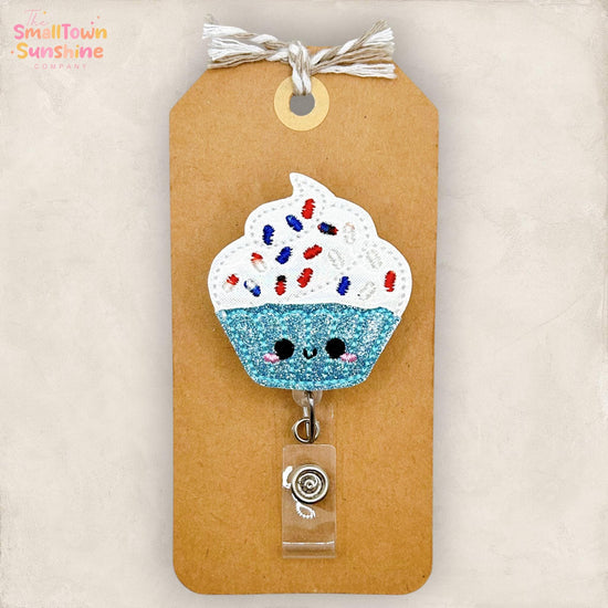 Patriotic Sprinkle Cupcake Retractable Badge Reel: ID Holder, Name Tag, Topper, Coworker Gift, Lanyard, MRI Safe, Heavy Duty | GLITTER