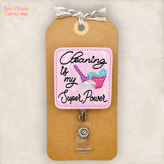 Cleaning is My Superpower Retractable Badge Reel: EVS ID Holder, Name Tag, Topper, Coworker Gift, Lanyard, MRI Safe, Heavy Duty Options