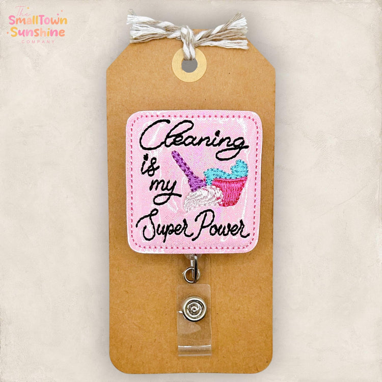 Cleaning is My Superpower Retractable Badge Reel: EVS ID Holder, Name Tag, Topper, Coworker Gift, Lanyard, MRI Safe, Heavy Duty Options