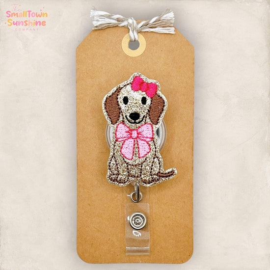 Pink Bow Dachshund Retractable Badge Reel: Dog ID Holder, Name Tag, Topper, Coworker Gift, Lanyard, MRI Safe, Heavy Duty Option | GLITTER