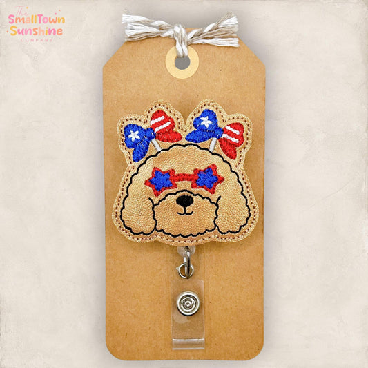 Patriotic Dog Retractable Badge Reel: Fourth of July ID Holder, Name Tag, Topper, Coworker Gift, Lanyard, MRI Safe, Heavy Duty Options