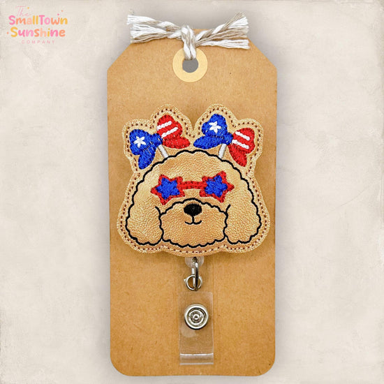 Patriotic Dog Retractable Badge Reel: Fourth of July ID Holder, Name Tag, Topper, Coworker Gift, Lanyard, MRI Safe, Heavy Duty Options