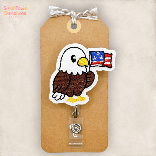 Eagle with Flag Retractable Badge Reel: America ID Holder, Name Tag, Topper, Coworker Gift, Lanyard, MRI Safe, Heavy Duty Options | GLITTER