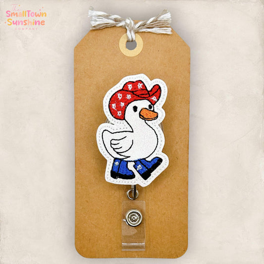 Patriotic Western Goose Retractable Badge Reel: ID Holder, Name Tag, Topper, Coworker Gift, Lanyard, MRI Safe, Heavy Duty Options | GLITTER
