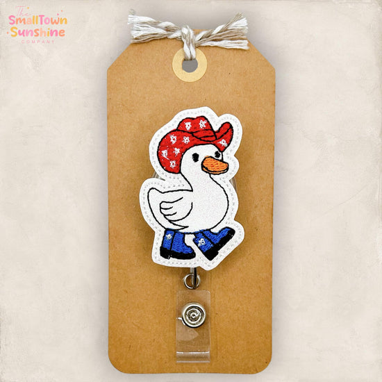 Patriotic Western Goose Retractable Badge Reel: ID Holder, Name Tag, Topper, Coworker Gift, Lanyard, MRI Safe, Heavy Duty Options | GLITTER