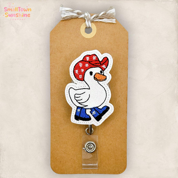 Patriotic Western Goose Retractable Badge Reel: ID Holder, Name Tag, Topper, Coworker Gift, Lanyard, MRI Safe, Heavy Duty Options | GLITTER