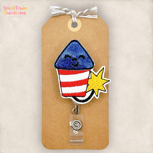 Firecracker Retractable Badge Reel: Patriotic ID Holder, Name Tag, Topper, Coworker Gift, Lanyard, MRI Safe, Heavy Duty Option | GLITTER