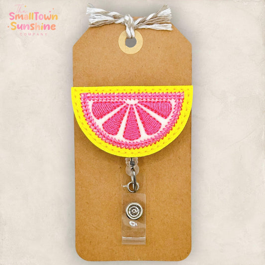 Pink Grapefruit Slice Retractable Badge Reel: Summer Citrus ID Holder, Name Tag, Topper, Lanyard, MRI Safe, Heavy Duty Options | GLITTER