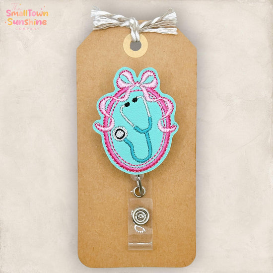 Stethoscope Bow Cameo Retractable Badge Reel: ID Holder, Name Tag, Swappable Topper, Coworker Gift, Lanyard, MRI Safe, Heavy Duty Options