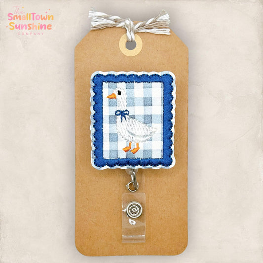 Vintage Plaid Goose Stamp Retractable Badge Reel: ID Holder, Name Tag, Swappable Topper, Coworker Gift, Lanyard, MRI Safe, Heavy Duty Option