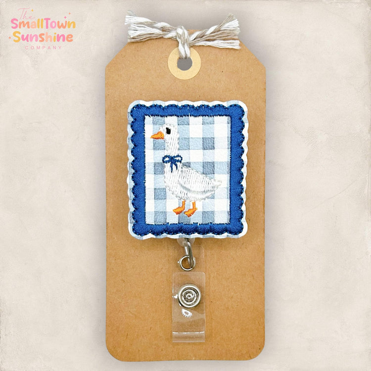 Vintage Plaid Goose Stamp Retractable Badge Reel: ID Holder, Name Tag, Swappable Topper, Coworker Gift, Lanyard, MRI Safe, Heavy Duty Option