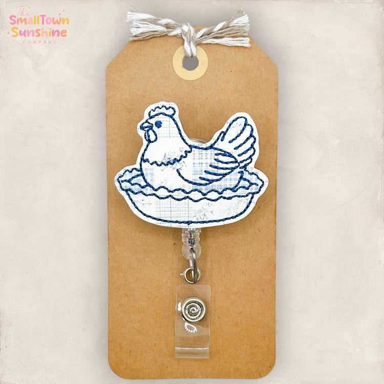 Patchwork Hen on Nest Retractable Badge Reel: ID Holder, Name Tag, Swappable Topper, Coworker Gift, Lanyard, MRI Safe, Heavy Duty Option