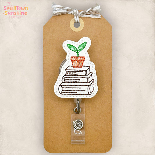 Plant with Books Retractable Badge Reel: Bookish ID Holder, Name Tag, Swappable Topper, Coworker Gift, Lanyard, MRI Safe, Heavy Duty Options