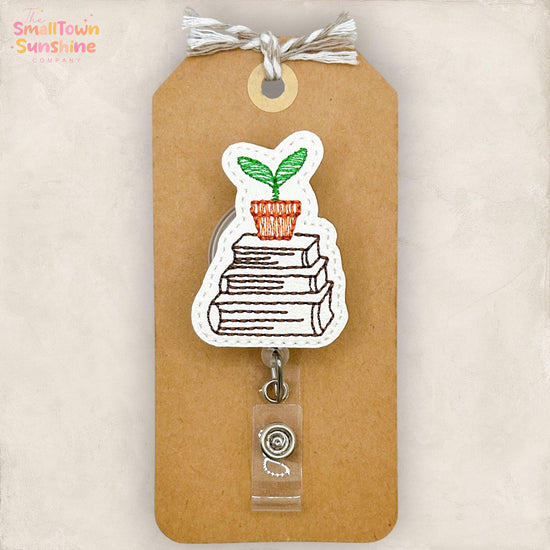 Plant with Books Retractable Badge Reel: Bookish ID Holder, Name Tag, Swappable Topper, Coworker Gift, Lanyard, MRI Safe, Heavy Duty Options