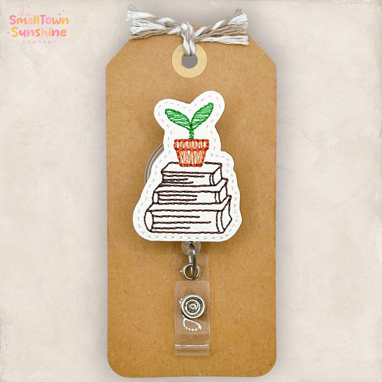Plant with Books Retractable Badge Reel: Bookish ID Holder, Name Tag, Swappable Topper, Coworker Gift, Lanyard, MRI Safe, Heavy Duty Options