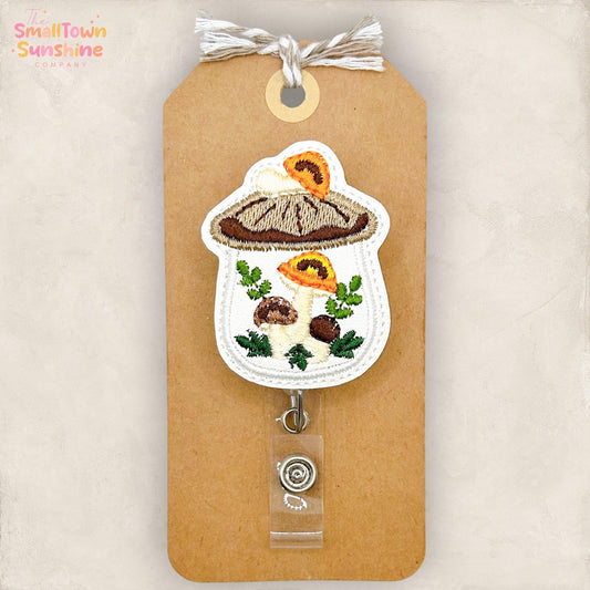 Vintage Mushroom Canister Retractable Badge Reel: ID Holder, Name Tag, Swappable Topper, Coworker Gift, Lanyard, MRI Safe, Heavy Duty Option