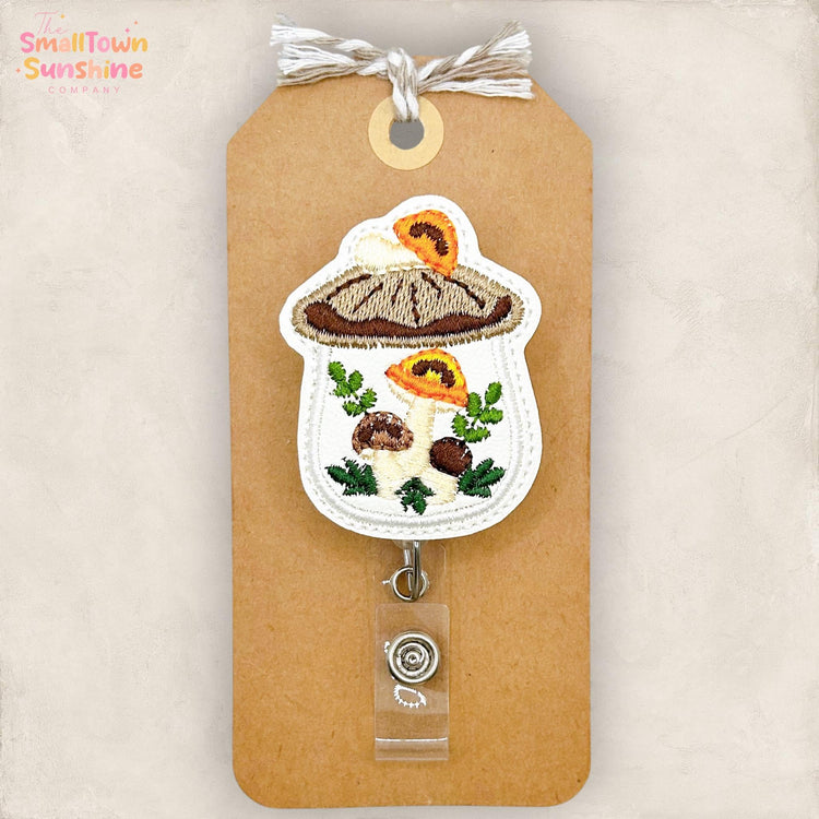 Vintage Mushroom Canister Retractable Badge Reel: ID Holder, Name Tag, Swappable Topper, Coworker Gift, Lanyard, MRI Safe, Heavy Duty Option