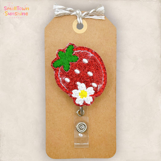 Strawberry with Flower Retractable Badge Reel: ID Holder, Name Tag, Topper, Coworker Gift, Lanyard, MRI Safe, Heavy Duty Options | GLITTER