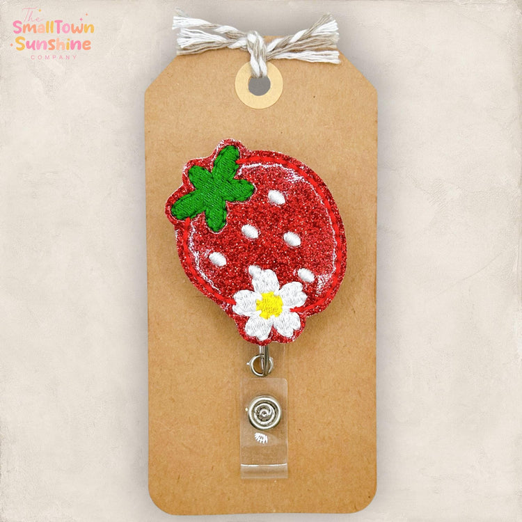 Strawberry with Flower Retractable Badge Reel: ID Holder, Name Tag, Topper, Coworker Gift, Lanyard, MRI Safe, Heavy Duty Options | GLITTER