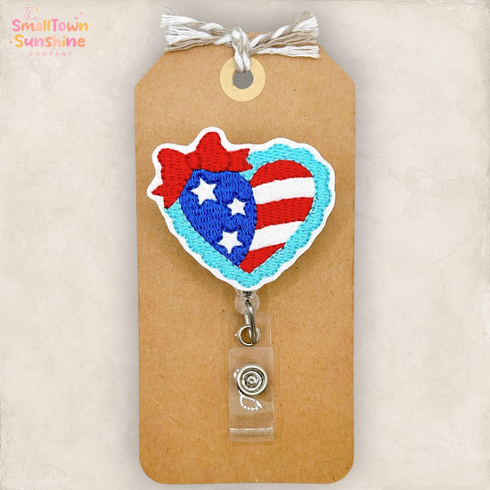 Scalloped American Flag Heart Retractable Badge Reel: ID Holder, Name Tag, Topper, Coworker Gift, Lanyard, MRI Safe, Heavy Duty | GLITTER