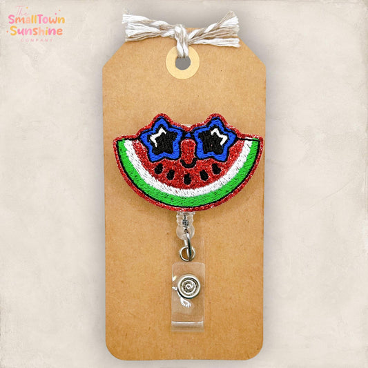 Sunglasses Watermelon Retractable Badge Reel: ID Holder, Name Tag, Topper, Coworker Gift, Lanyard, MRI Safe, Heavy Duty Options | GLITTER