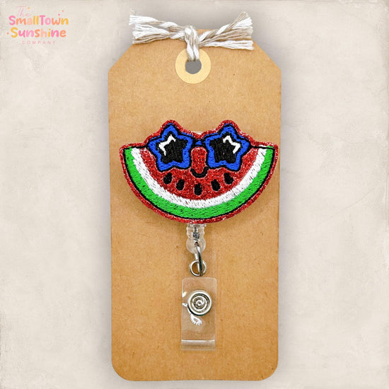 Sunglasses Watermelon Retractable Badge Reel: ID Holder, Name Tag, Topper, Coworker Gift, Lanyard, MRI Safe, Heavy Duty Options | GLITTER