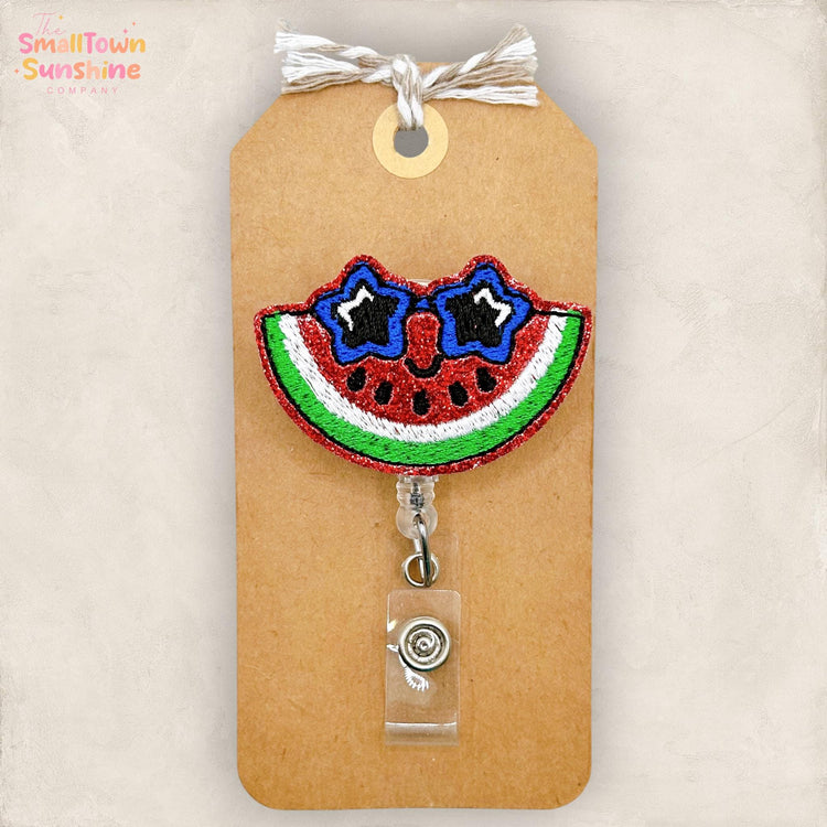 Sunglasses Watermelon Retractable Badge Reel: ID Holder, Name Tag, Topper, Coworker Gift, Lanyard, MRI Safe, Heavy Duty Options | GLITTER