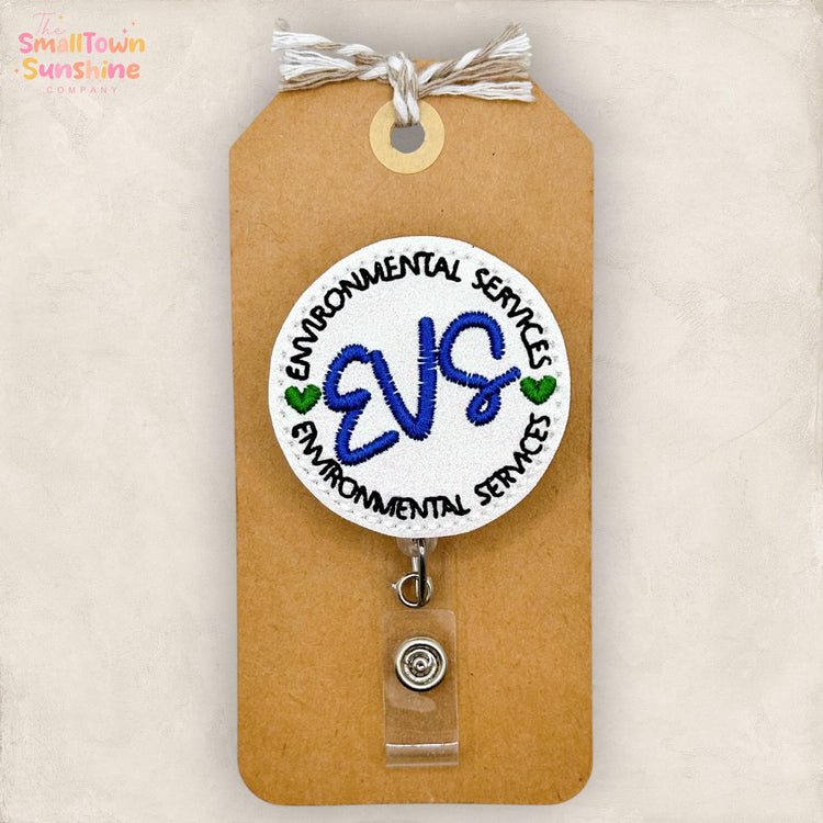 Environmental Services Retractable Badge Reel: EVS Id Holder, Name Tag, Topper, Coworker Gift, Lanyard, MRI Safe, Heavy Duty | GLITTER