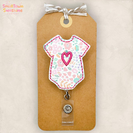 Pink Floral Baby Bodysuit Badge Reel, L & D Badge Reel, NICU Nurse Badge Clip, Doula Lanyard, Coworker Gift, Name Tag, Retractable ID Holder