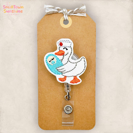 Baby Nurse Goose Retractable Badge Reel: L & D ID Holder, Name Tag, Topper, Coworker Gift, Lanyard, MRI Safe, Heavy Duty Options | GLITTER