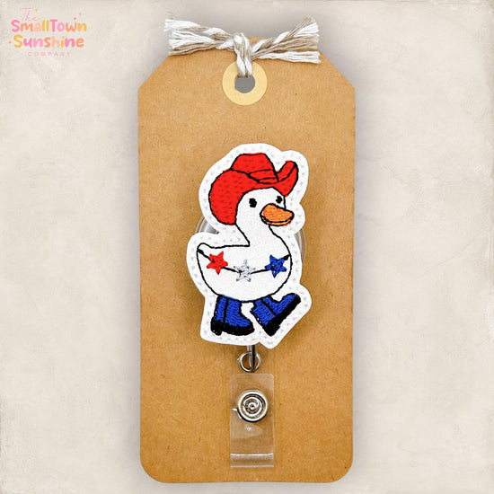 Patriotic Western Goose Retractable Badge Reel: ID Holder, Name Tag, Topper, Coworker Gift, Lanyard, MRI Safe, Heavy Duty Options | GLITTER