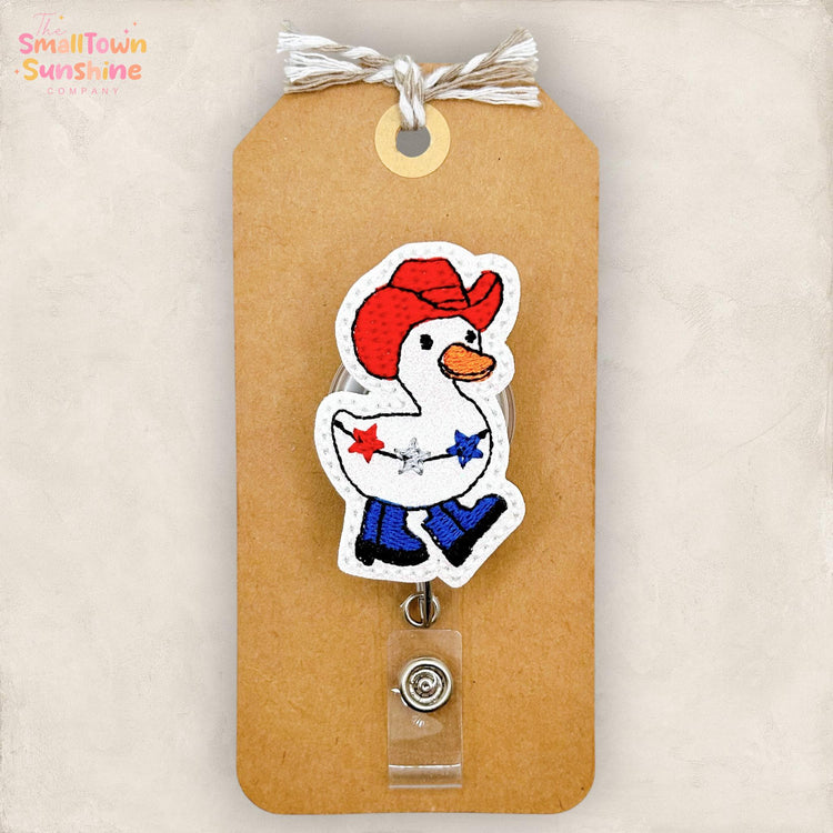 Patriotic Western Goose Retractable Badge Reel: ID Holder, Name Tag, Topper, Coworker Gift, Lanyard, MRI Safe, Heavy Duty Options | GLITTER